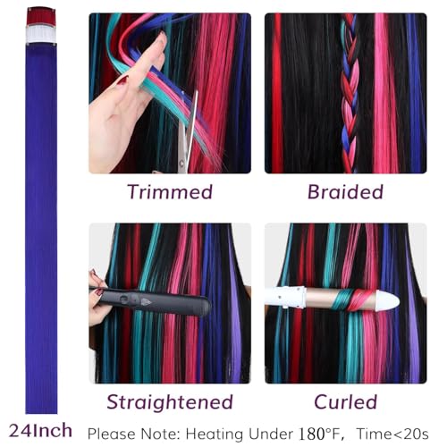 IDN BEAUTY 12Pcs Patriotic Clip-In Colored Hair Extensions, 24-Inch