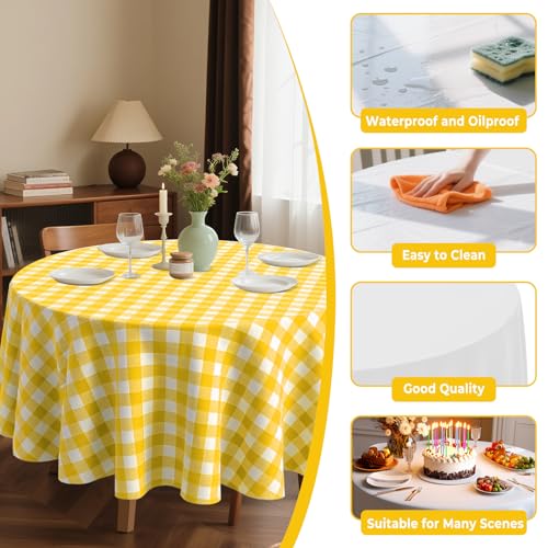 84" Disposable Plastic Tablecloths - 8 Pack Yellow Checkered Round Covers for Parties