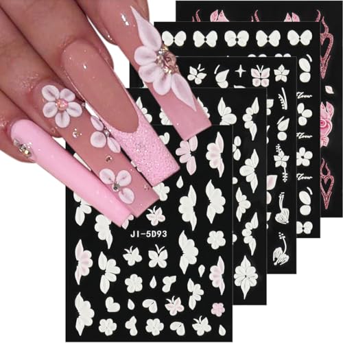 5D White Flower & Butterfly Nail Stickers - Self-Adhesive Decals