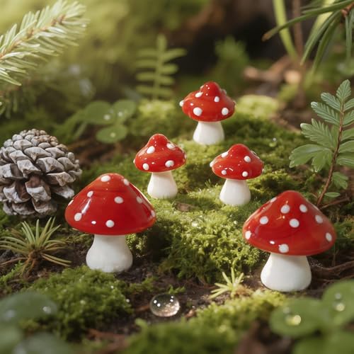 Handcrafted Miniature Glass Mushroom Figurines Set - 5pcs
