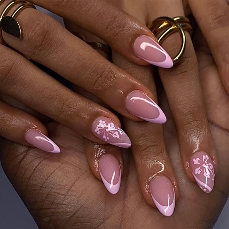 Cat Eye French Tip Press-On Nails - Nude & Pink Short Almond | Reusable Glue-On Nails with Gold Line for Weddings & Parties