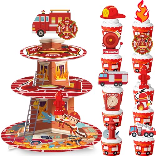 Firefighter Cupcake Stand Set with 12 Fire Truck Toppers
