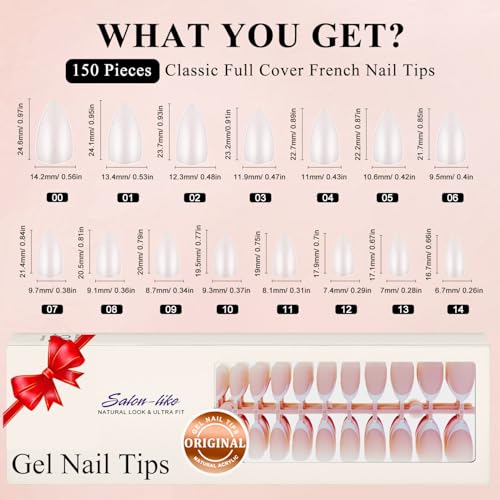 KQueenest Multi-Color French Gel Nail Tips - Medium Almond Press-On Nails, 150 Pcs