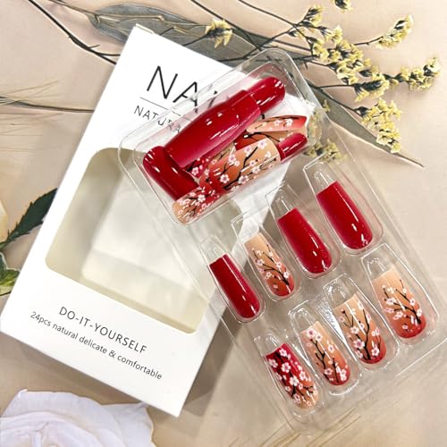 TBRZTR Medium Red Floral Press On Nails - Glossy Coffin Style