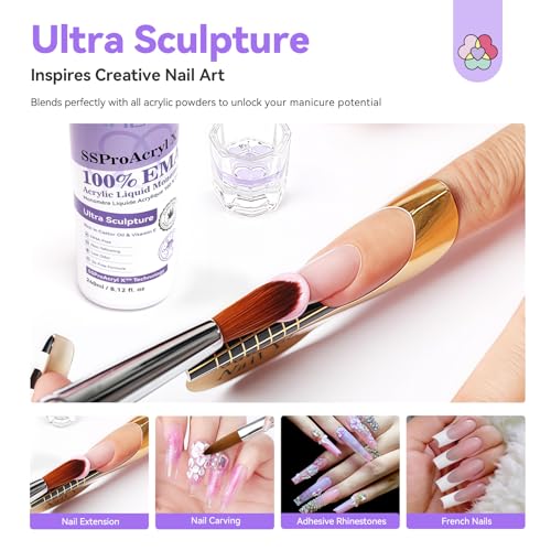 SAVILAND Pure EMA Acrylic Nail Liquid Kit 240ml with 3 Brushes - Low Odor, Non-Yellowing