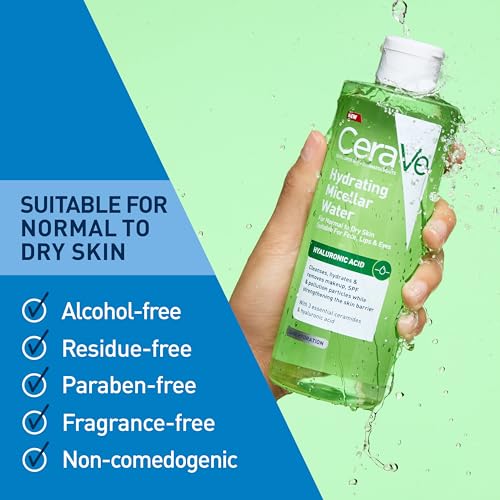 CeraVe Hydrating Micellar Water, Facial Cleanser & Makeup Remover with Hyaluronic Acid & Ceramides, 24h Hydration, Barrier Strengthening, Alcohol-Free, Fragrance-Free, Safe for Sensitive Skin, 13oz