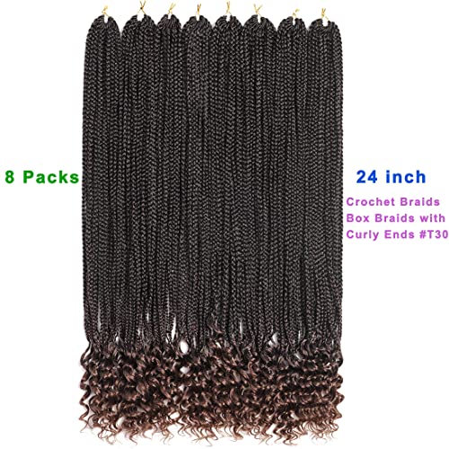 24-Inch Pre-Looped Box Braids Crochet Hair with Curly Ends - 8 Packs