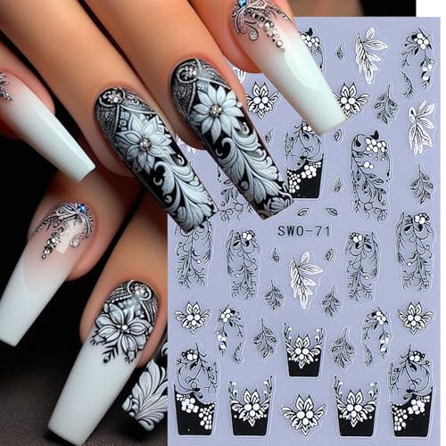 5D Embossed Lace Flower Nail Art Stickers - 6 Sheets, Black & White