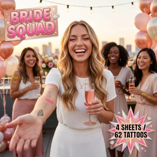Bachelorette Party Waterproof Temporary Tattoos - Bride Tribe, Bridal Sayings, Glitter & Holographic Sheets