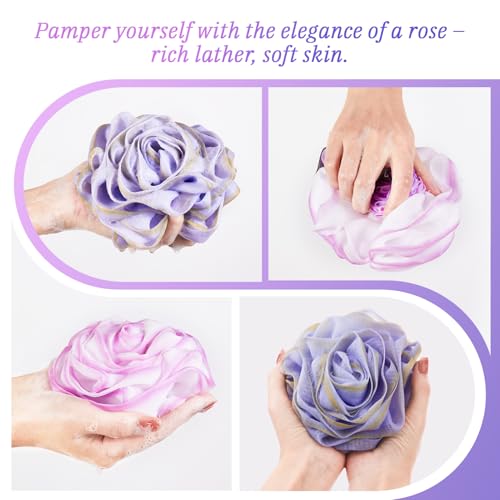Rose-Shaped Bath Loofah Set of 2 - Elegant Shower Sponge in Purple & Grey