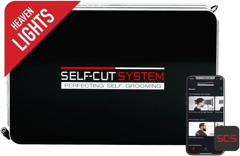 3-Way Mirror Self-Cut System - 360° Portable Trifold Mirror with Rechargeable LED Lights | Adjustable Hooks, Foldable Design, Black