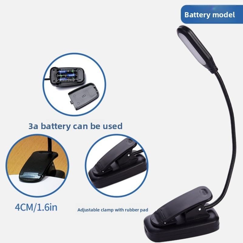 Clip-On Book Light - Battery Powered Flexible Reading Lamp | Portable Night Light for Bedroom & Living Room, Black