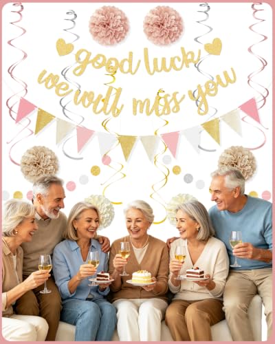 Good Luck We Will Miss You Banner - Pink Gold Farewell Decorations Kit