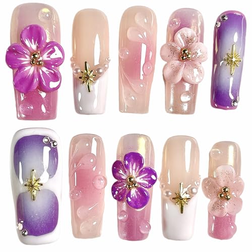 BByogooz Handmade 3D Sakura Press On Nails - Square French Tip Acrylic Set