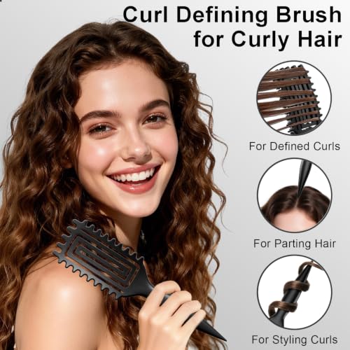 Matte Black Curl Defining Brush for Wet & Dry Hair - Detangling & Shaping Curls