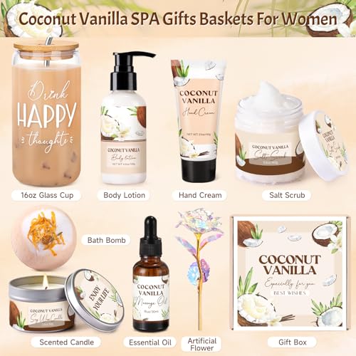 8-Piece Vanilla Coconut Spa Gift Set for Women with Glass Cup