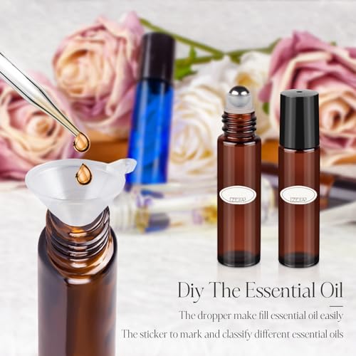 10ml Amber Roller Bottles for Essential Oils - 4 Pack with Stainless Steel Balls