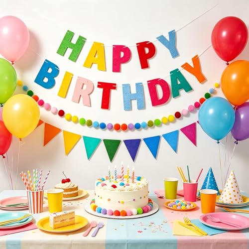 Happy Birthday Banner Set - Multicolor Felt Garland & Pom Poms