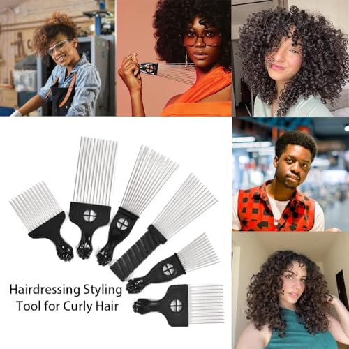 6 Pack Metal Afro Hair Picks with Fist Handles for Curly & Thick Hair - Durable, Rustless Styling Tools