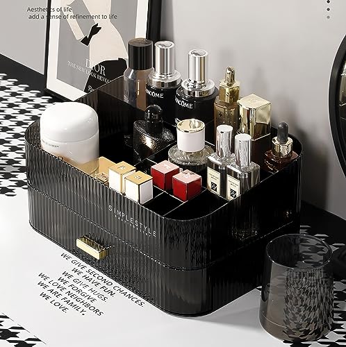 Stackable Makeup Organizer Drawer - Clear Black, Ideal for Vanity & Desk