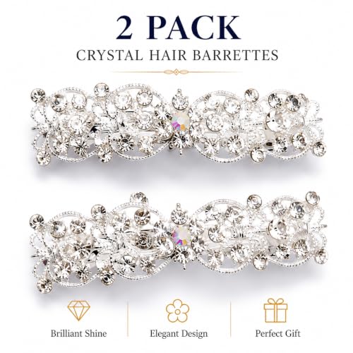 LUXXII 2 Pack Silver Rhinestone Hair Barrettes for Bridal & Special Occasions