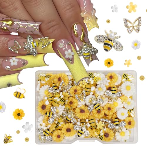 Ganepwns Bee Nail Charms & Beads Set - 200pcs Resin Cartoon Daisy Flowers & Bees for Nail Art DIY