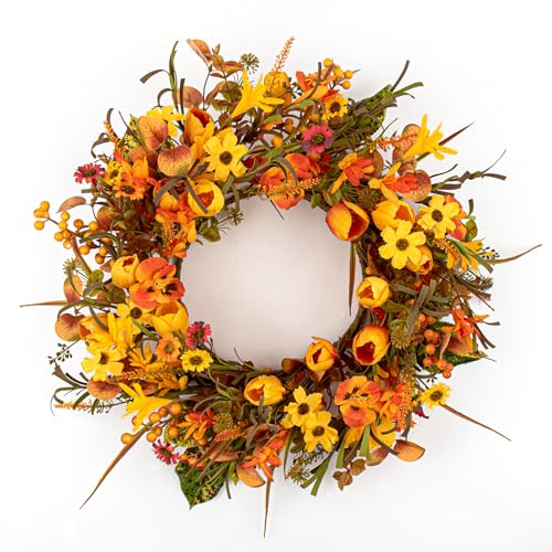 18-Inch Rustic Autumn Wreath with Orange Tulips & Wildflowers