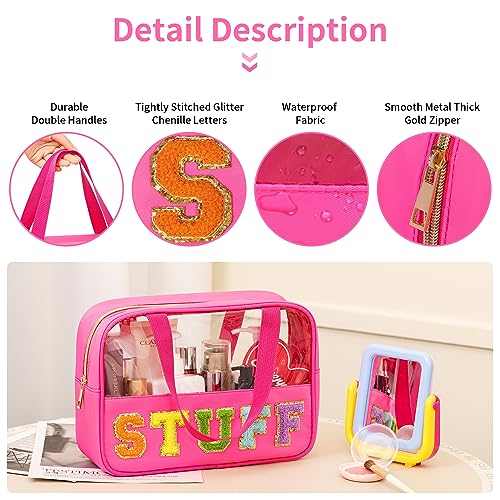 Eurovicky Vibrant Rosered Chenille Letter Patch Clear Makeup Bag - Spacious & Waterproof