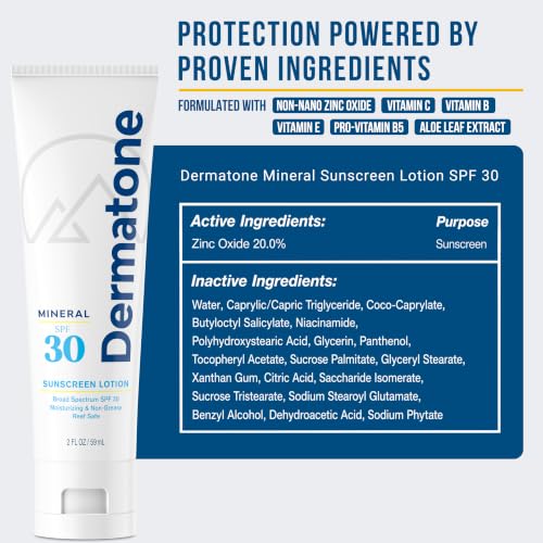 Dermatone Mineral Sunscreen Lotion SPF 30 - 2 Fl Oz | Reef Safe, Non-Greasy, Unscented