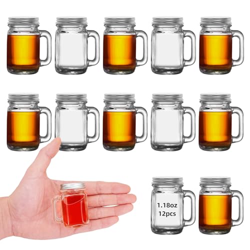 12 Mini Mason Jar Shot Glasses with Handles - 1.7oz, Leakproof Lids