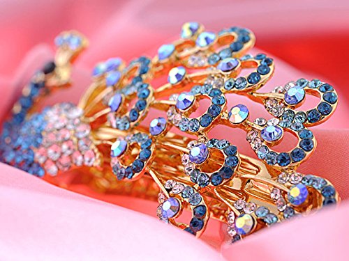 Alilang Peacock Hair Clip with Blue Rhinestones for Bridal Hair