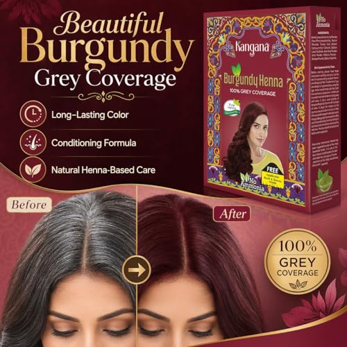 Kangana Burgundy Henna Hair Dye Powder - 1 Pack (50g) for Grey Coverage, Ammonia-Free, Easy Home Application
