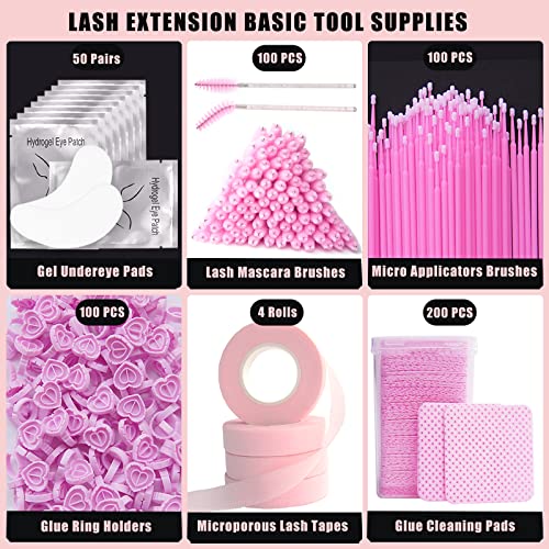 Pink 554 pcs Eyelash Extension Supplies Kit with Gel Pads, Tapes, Glue Rings