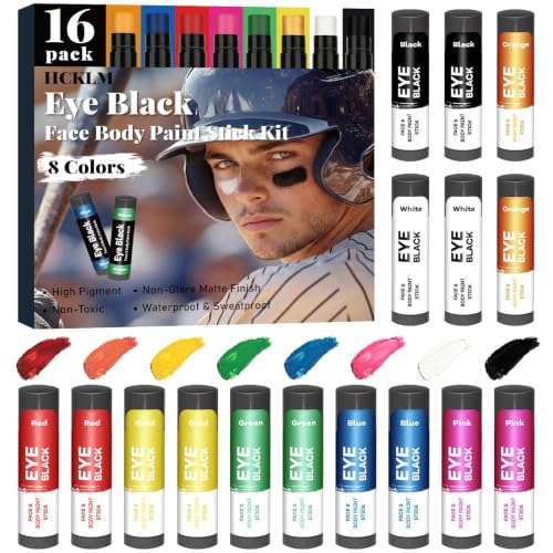 8 Color 16 Pack Waterproof Eye Black Sticks for Baseball & Sports Anti-Glare