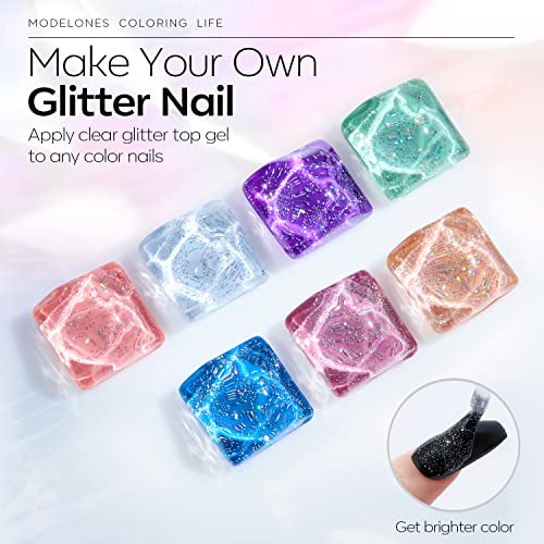 Modelones Iridescent Silver Glitter Gel Top Coat - 15ml No Wipe Shiny Finish
