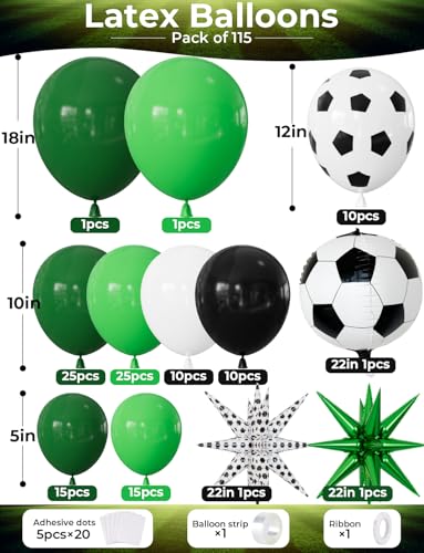 Soccer Balloon Garland Arch Kit - 115 Pcs Green Black White Balloons