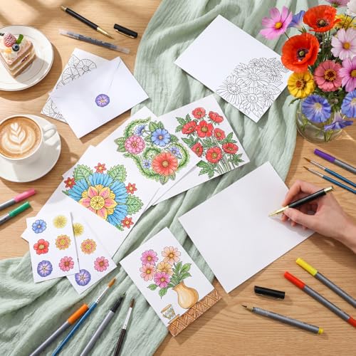 Gueevin 24-Piece Flower Coloring Greeting Cards Set with Envelopes