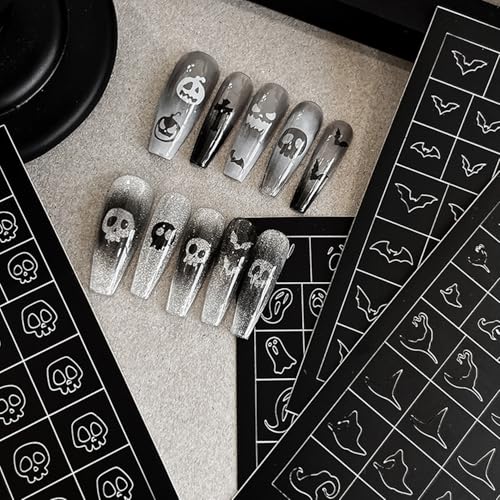 Halloween Nail Stickers Set - Spooky Bat Pumpkin Skeleton Designs, Airbrush Stencils for Nail Art, Self-Adhesive Decals, Style 16