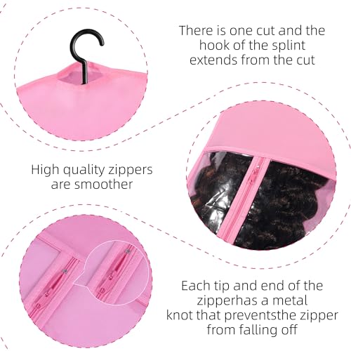 AIHOPESTO 2PCS Pink Wig Holder & Storage Bags with Hanger, Portable Wig Organizer for Multiple Wigs & Extensions