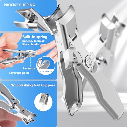 INXEN Silver 2PCS Nail Clippers for Thick Nails - Wide Jaw, No Splash, Storage Catcher, Ergonomic Design for Seniors