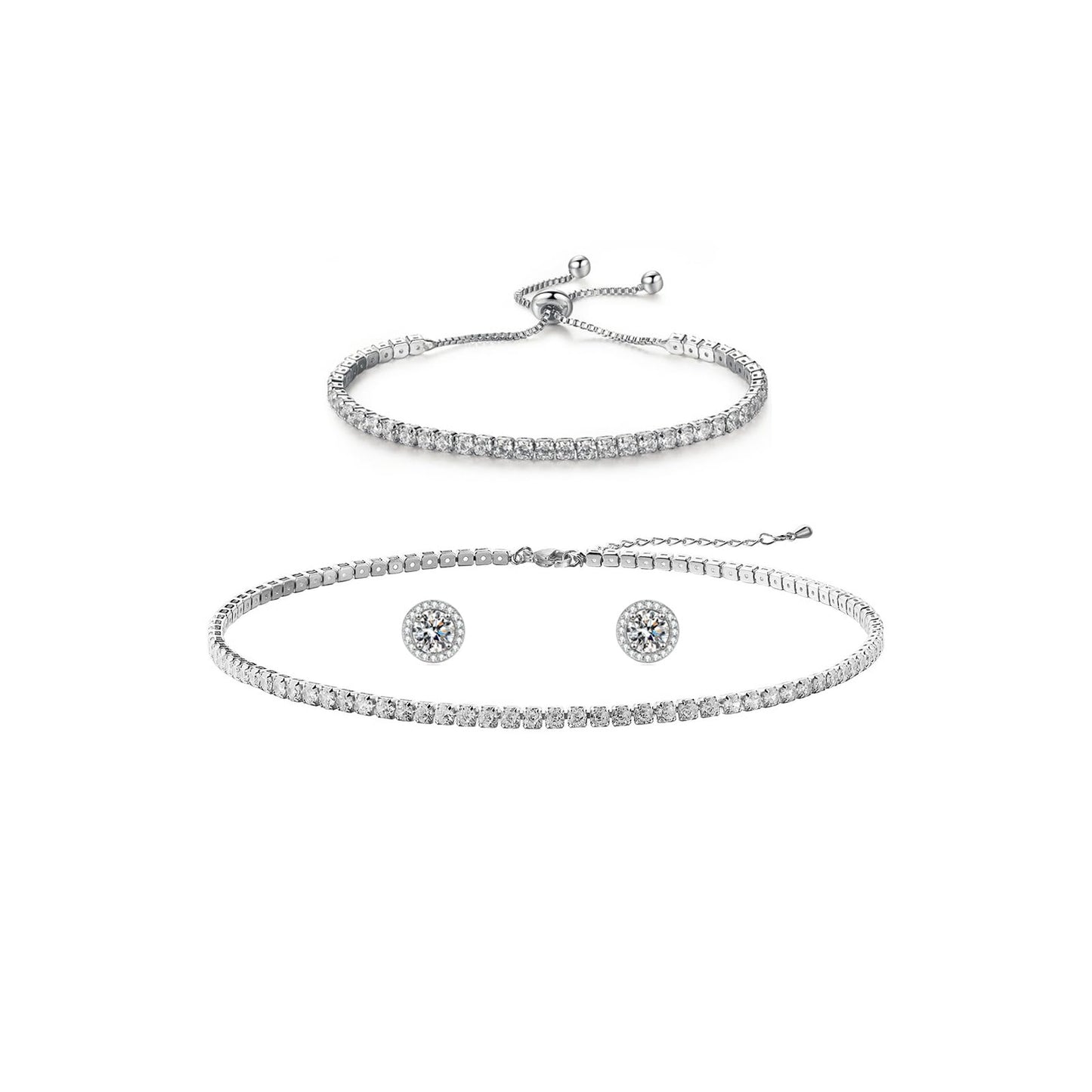 JNUIEU Silver Tennis Necklace and Bracelet Set for Women Wedding Jewelry Sets for Brides Earrings Prom Bridesmaid Jewelry (Silver01)