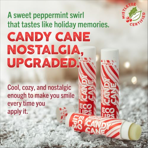 Eco Lips Organic Candy Cane Lip Balm - 3 Pack | Festive Vanilla Mint Flavor | 100% Plastic Free