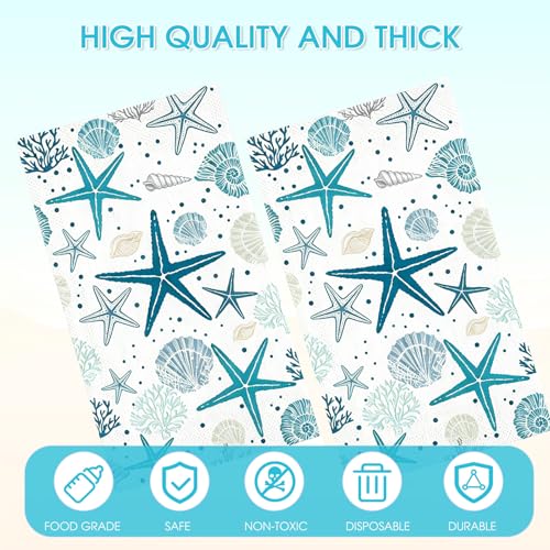 100 Coastal Paper Napkins - Starfish & Seashell Design for Parties