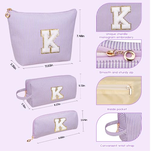 Junesters Personalized Purple Initial Makeup Bag Set - Travel Cosmetic Organizer for Women