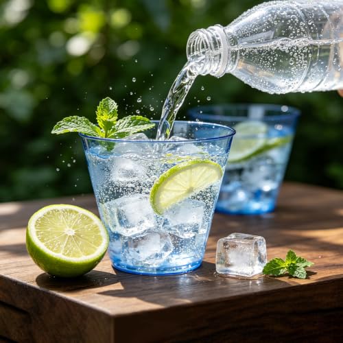 N9R 50 Pack 9 oz Clear Blue Disposable Plastic Cups for Parties