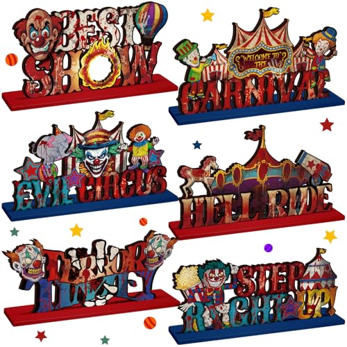 Horror Clown Circus Table Decorations - 6 Pcs Wooden Centerpieces