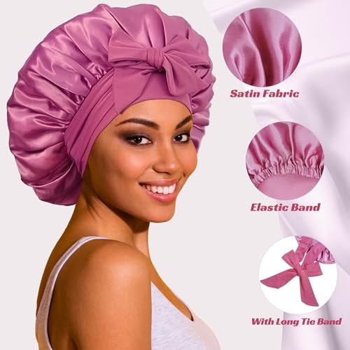 ROYBENS Satin Bonnet with Tie (Set C) - Reversible Silk Sleep Cap for Women, Extra Large