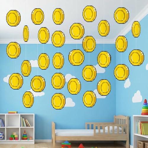 48 Pcs Brother Theme Video Game Hanging Decorations - Gold Coin Ornaments