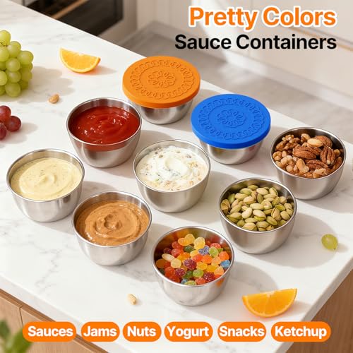 Kitlead 2.5 oz Sauce Containers - 8 Pack Stainless Steel with Silicone Lids