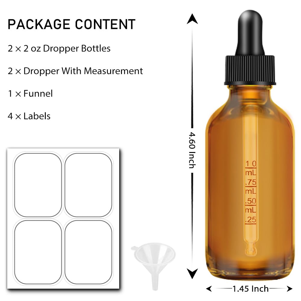 Bumobum Glass Dropper Bottles, 2 oz Amber and Blue for Essential Oils With Funnel, Labels & Pipette - 2 Pack Eye Tincture Dispensing Bottle With Measured Dropper